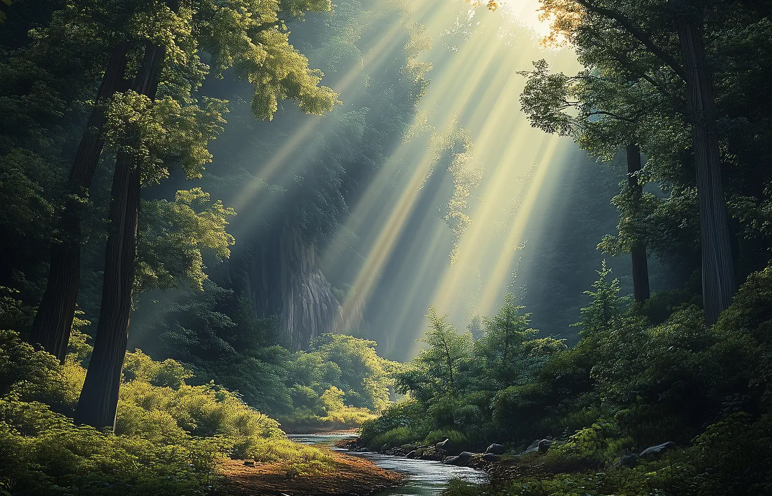 Longevity healthcare - Forest scene with sun rays